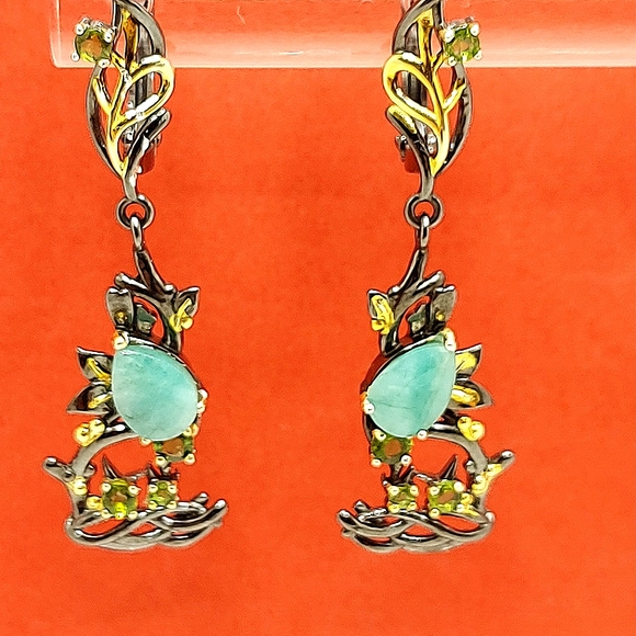 Natural Emerald 8x6mm & Chrome Diopside 925 Sterling Silver Earrings - Picture 7 of 7